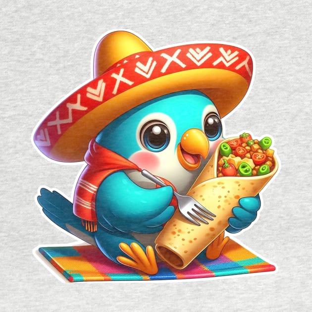 cute love birds are eating Mexican specialties, Tacos, Burritos, Enchiladas, Quesadillas, Guacamole, Fajitas, Chiles Rellenos, Tamales, Mole, Chilaquiles, by art poo